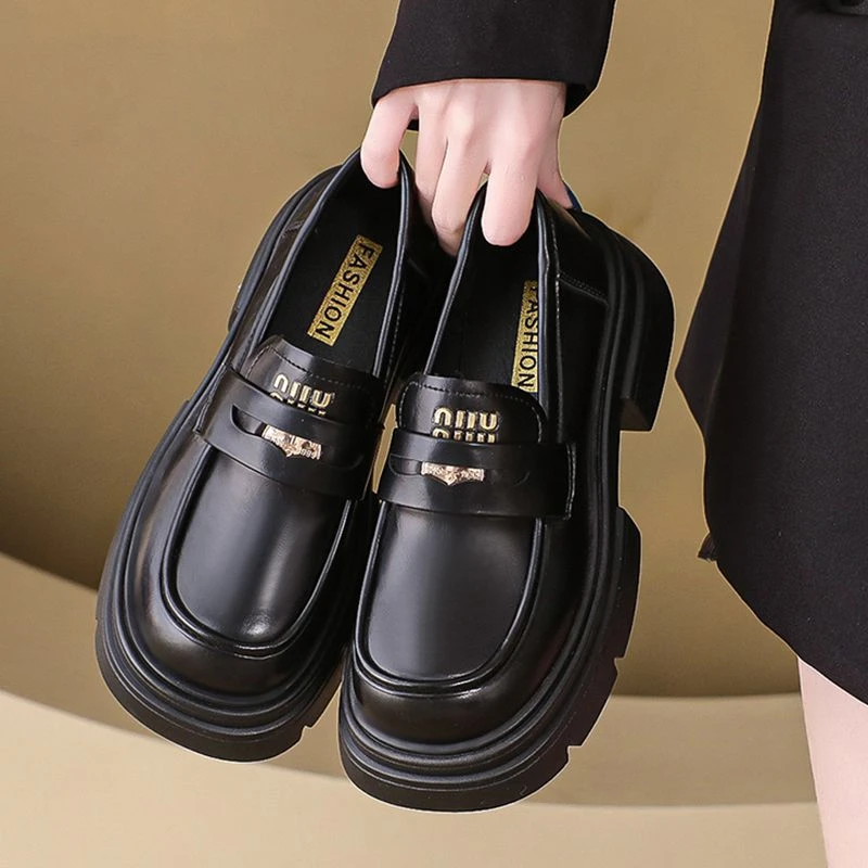 英伦风金币JK小皮鞋一脚蹬圆头乐福鞋厚底百搭黑色复古春季单鞋女