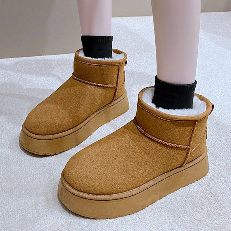 厚底防滑雪地靴女2024新款冬季保暖面包鞋一脚蹬加绒加厚棉鞋子