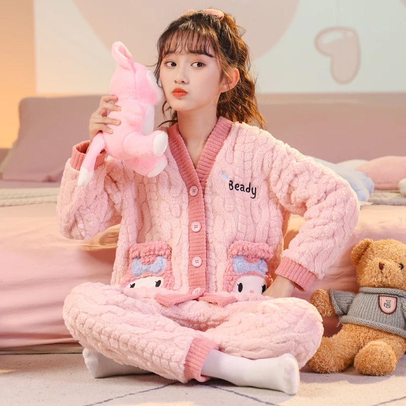 儿童上装睡衣女孩秋冬季2024新款加绒加厚保暖套装女童家居服