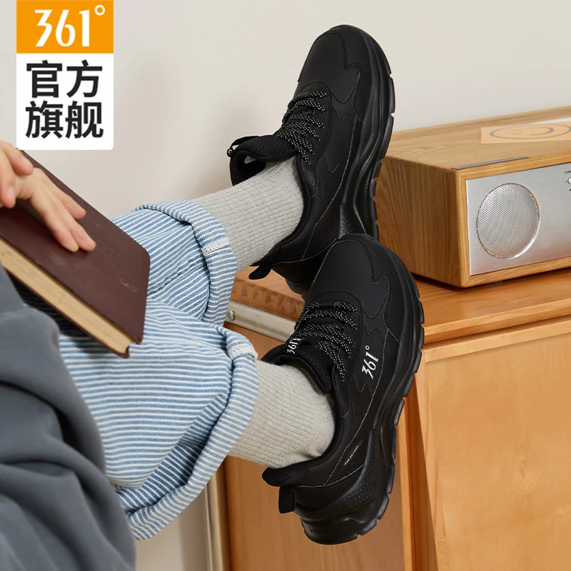 361°女鞋运动鞋2025款皮面加绒秋冬百搭休闲鞋子轻便减震老爹鞋女
