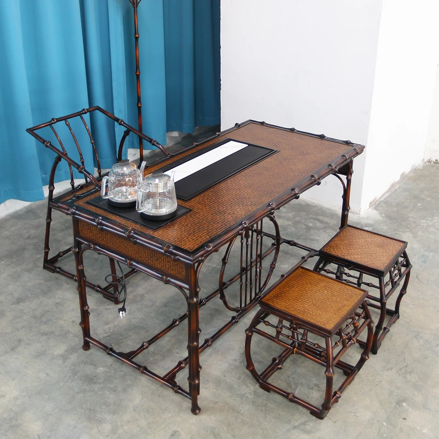 天然邛竹茶台1.38茶室条桌古典中式茶空间新中式大漆工艺桌椅套件