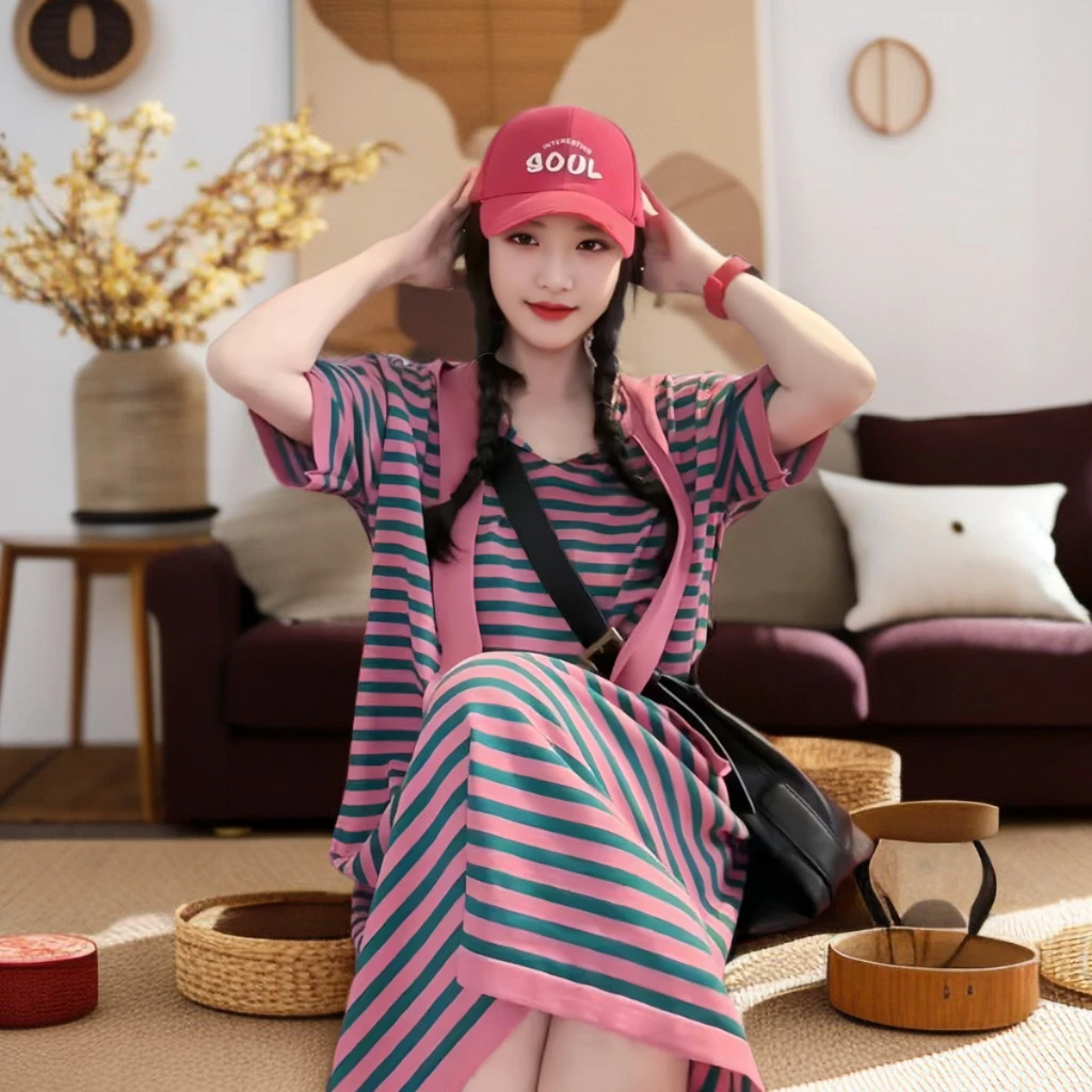 韩版夏季洋气减龄气质休闲针织连衣裙时尚宽松直筒高级感条纹裙子