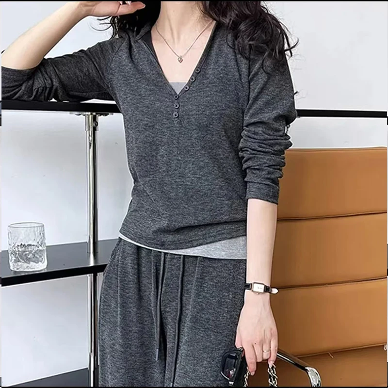 韩版时尚宽松显瘦休闲百搭假两件连帽长袖上衣加裤子两件套套装潮