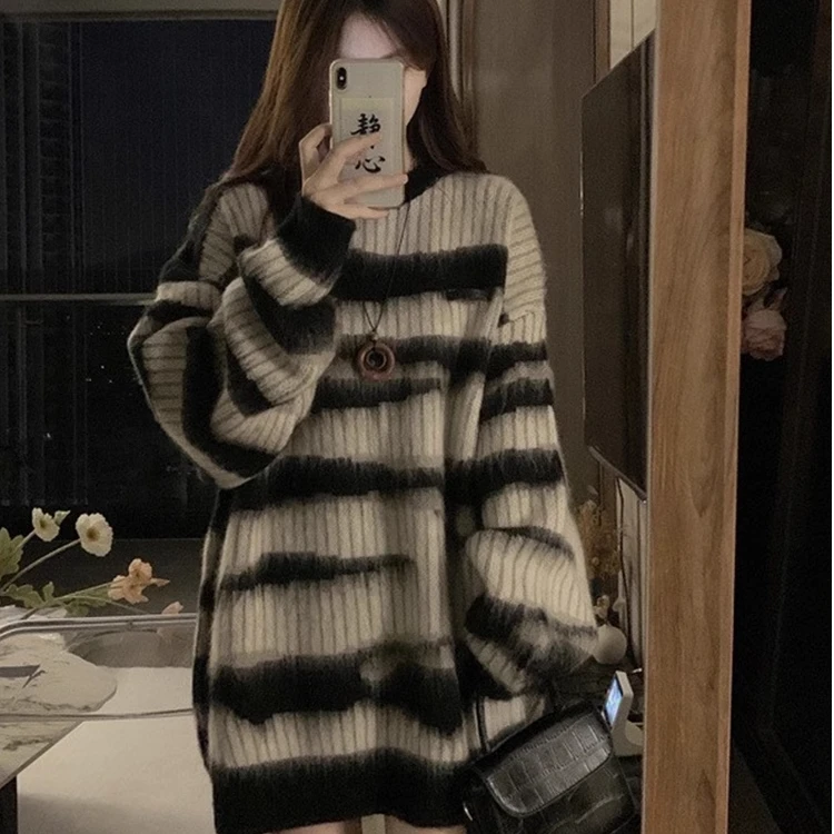美式复古条纹软糯百搭毛衣女秋冬新款宽松慵懒风高级感外穿针织衫