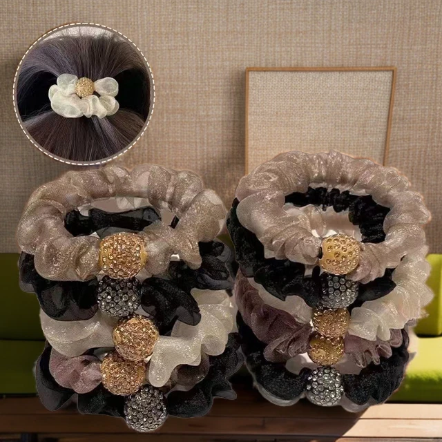 新款高端百搭水钻橡皮筋高级感毛绒皮套发圈头绳女加粗扎头花发绳