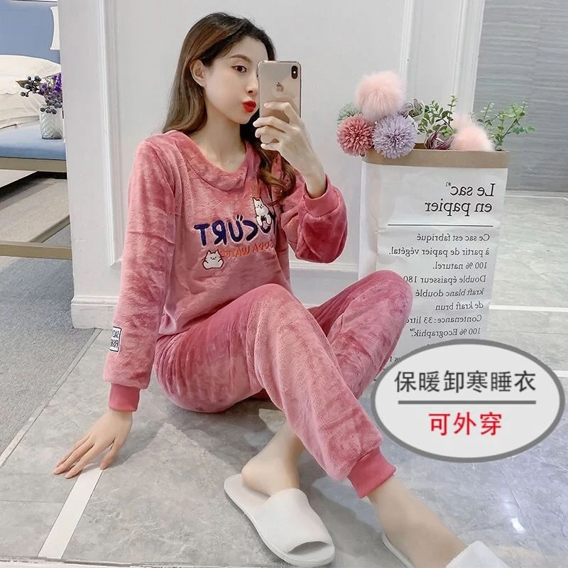 可爱睡衣女秋冬长袖法兰绒加厚保暖珊瑚绒韩版时尚卡通家居服套装
