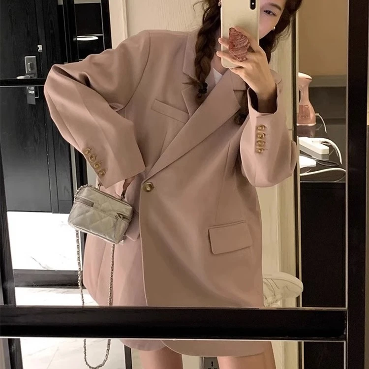 OL风格宽松型上衣宽松设计感西装领外套西装小个子休闲复古纽扣