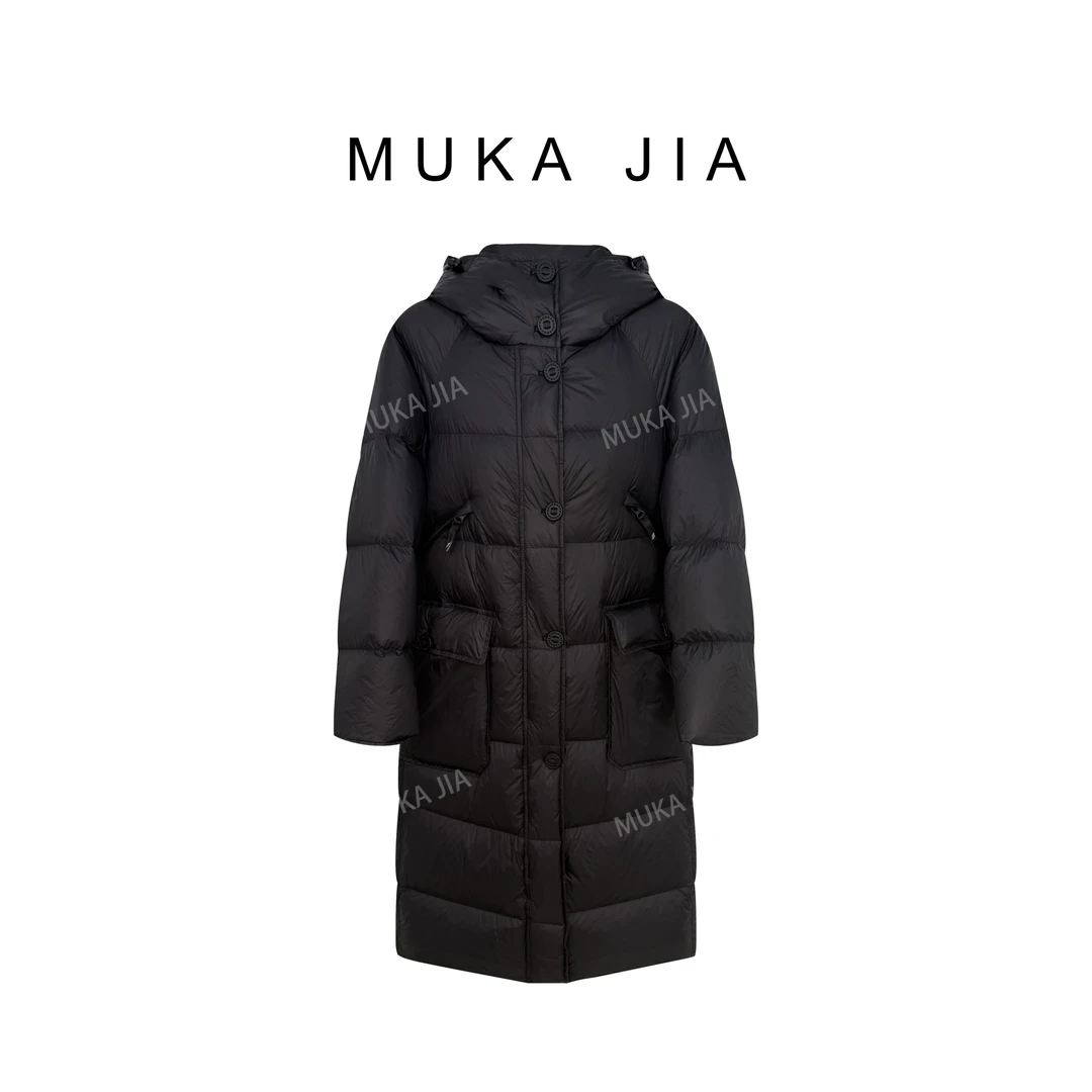 木卡家冬季新款韩版中长款过膝设计感大口袋单排扣连帽羽绒服