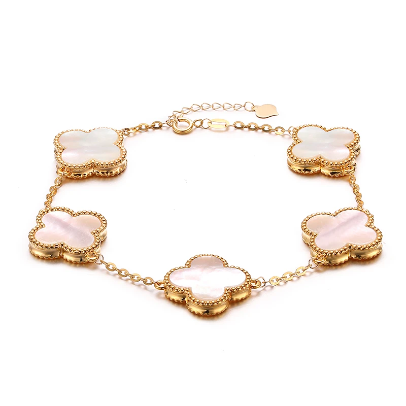 18k金白贝15mm五花重金版四叶草手链百搭时尚