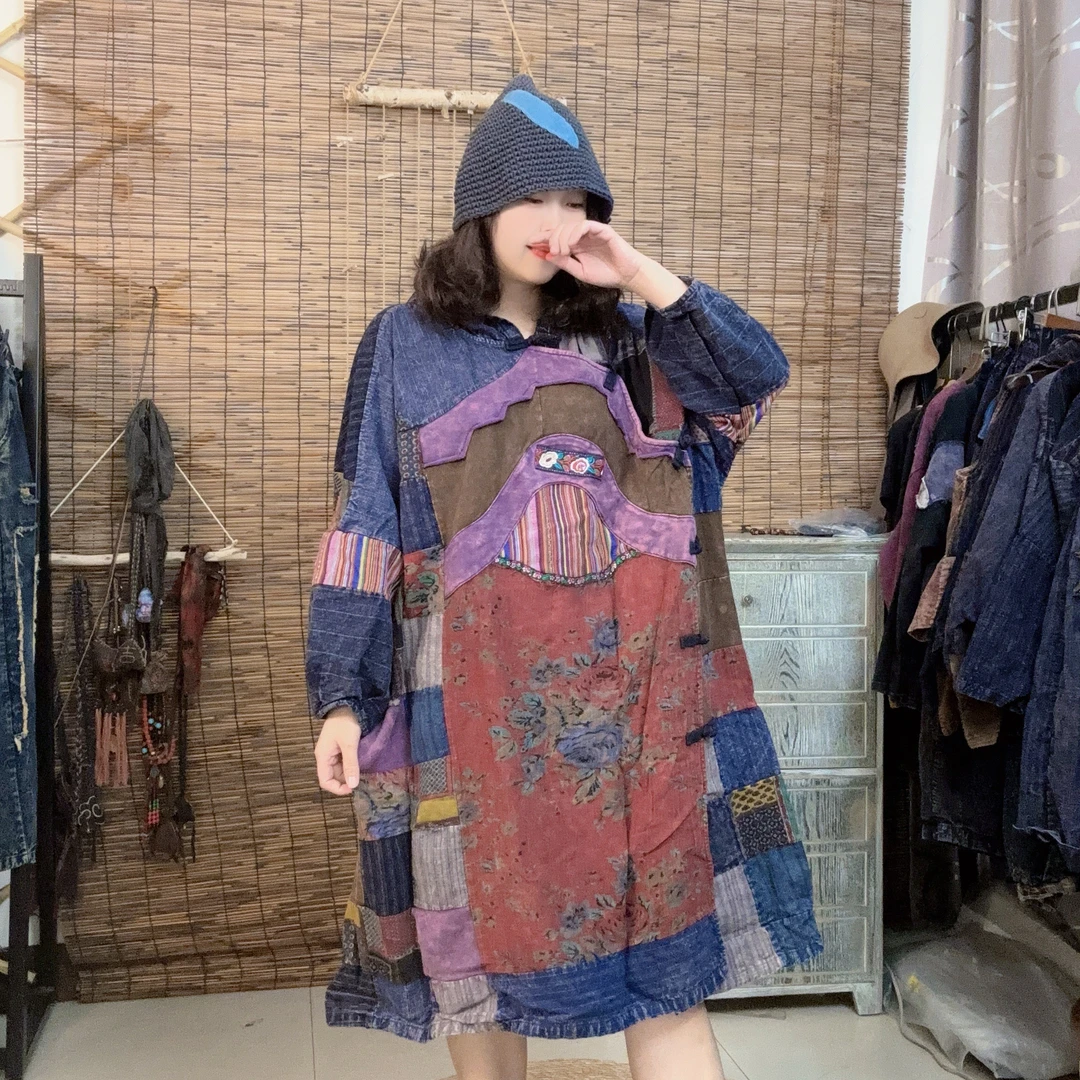 2025复古民族风撞色老布连帽斜盘扣长袖袍子女秋款宽松大版连衣裙