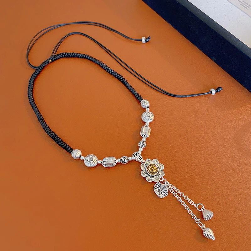 合金项链 复古国风铜合金项链 禅意莲花流苏吊坠女款