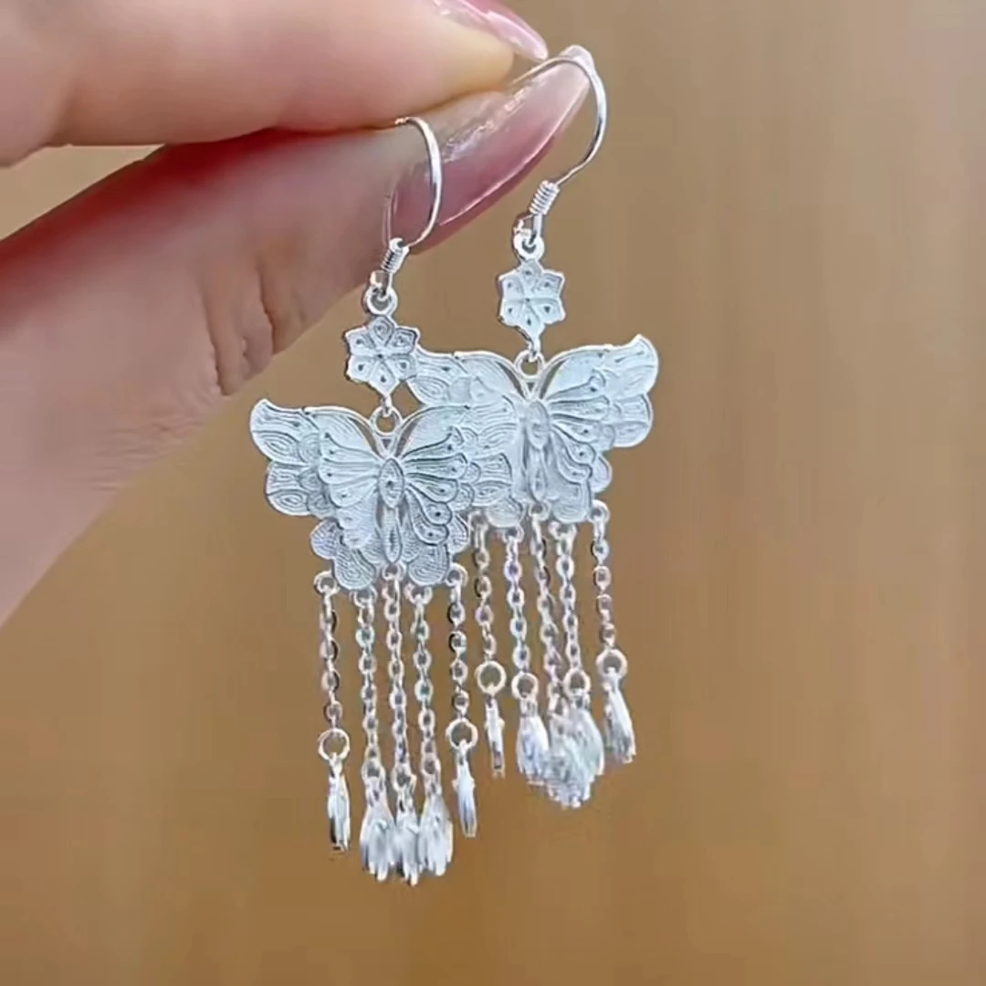 合金耳饰 蝴蝶流苏镀银耳环新中式仙女风少数民族耳饰