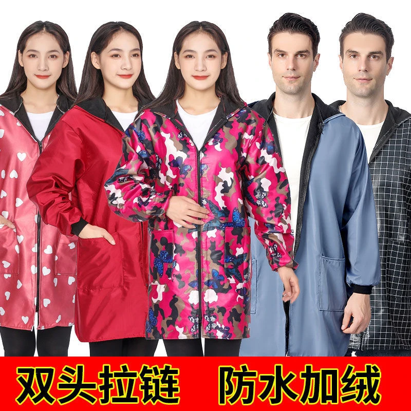 加绒罩衣大人外套女冬季加厚防水成人厨房围裙长袖防油工作服大褂