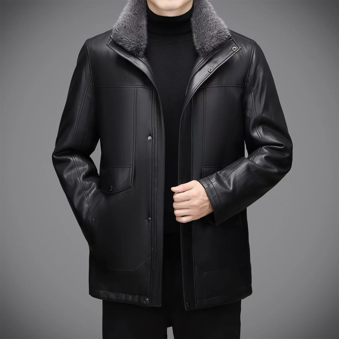 2429男士冬季可脱卸款保暖中长款皮外套