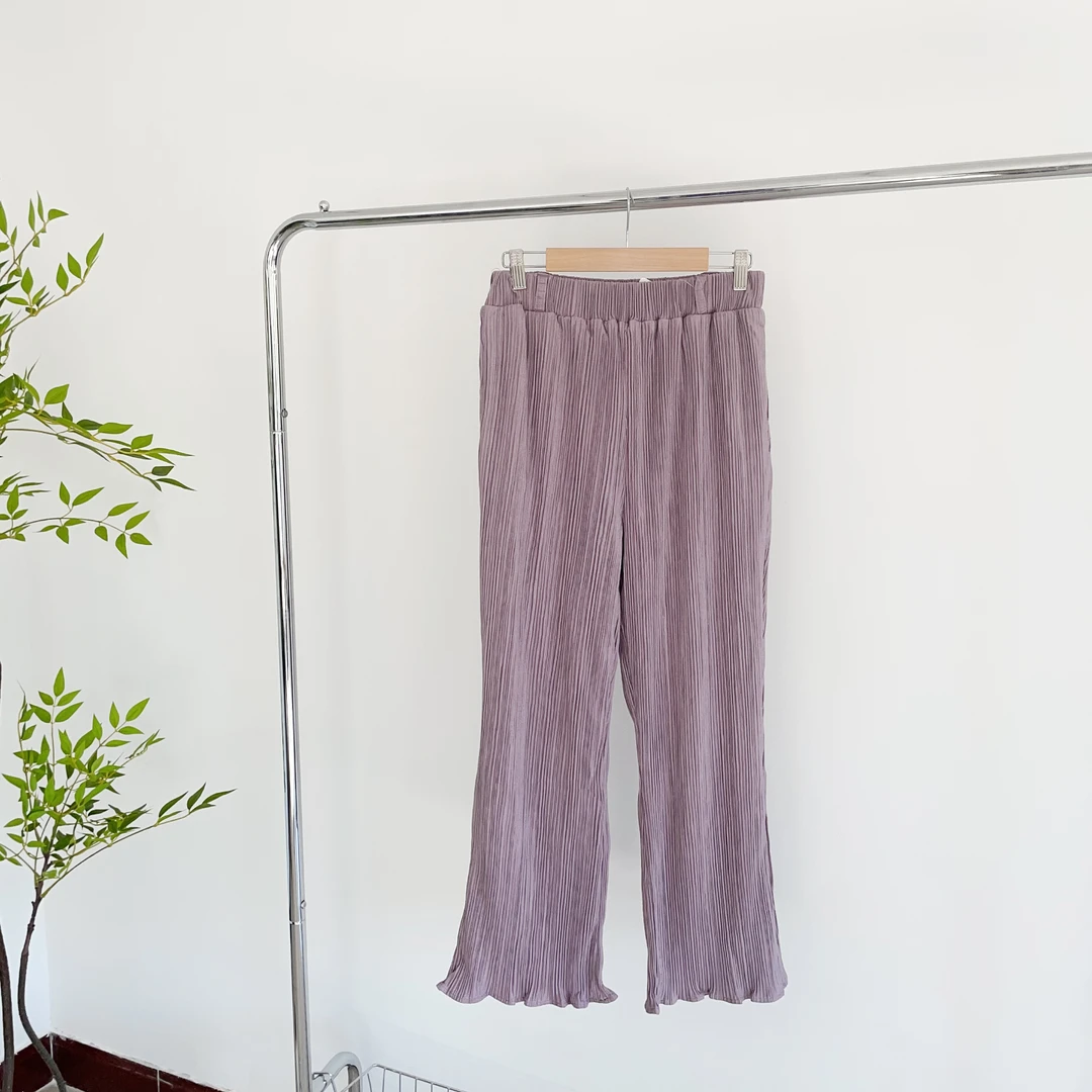 Q122 灰紫色百褶文艺风休闲梭织休闲裤