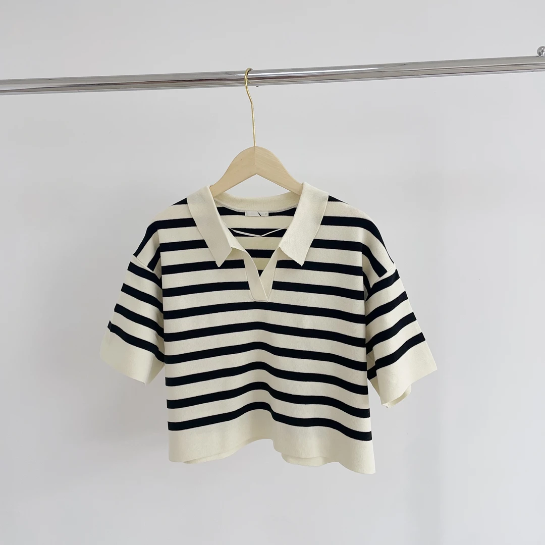 Z-17 翻领条纹休闲针织开衩领休闲针织衫