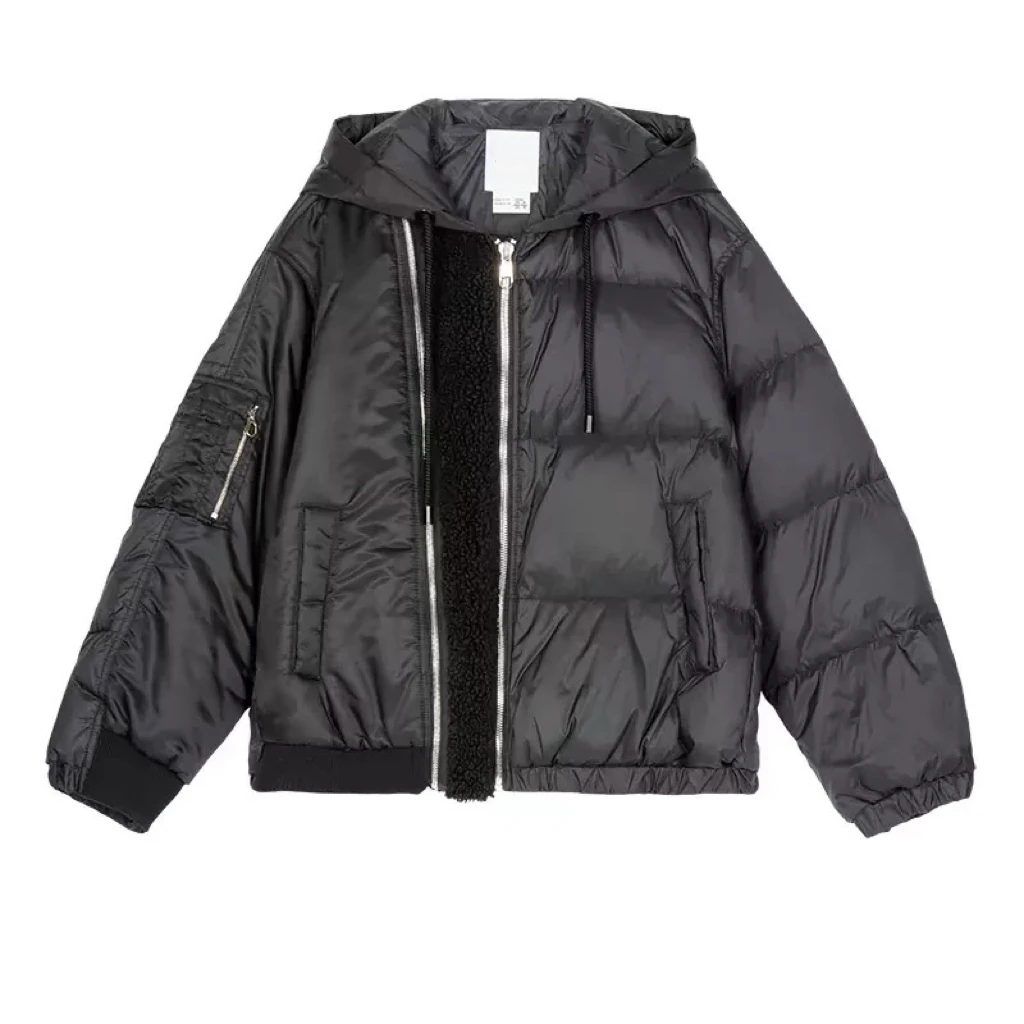 仓1-1 亮面戴帽拼接款休闲羽绒服