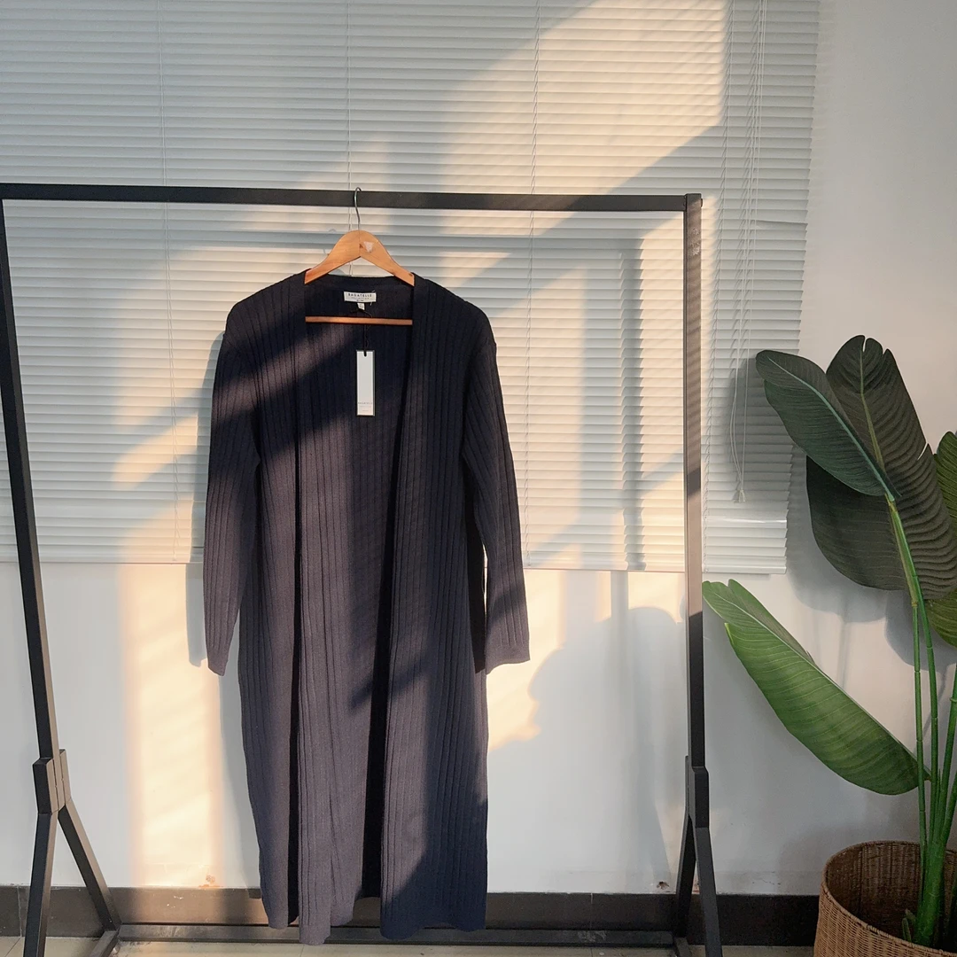 T123 藏蓝色无扣长款针织开衫