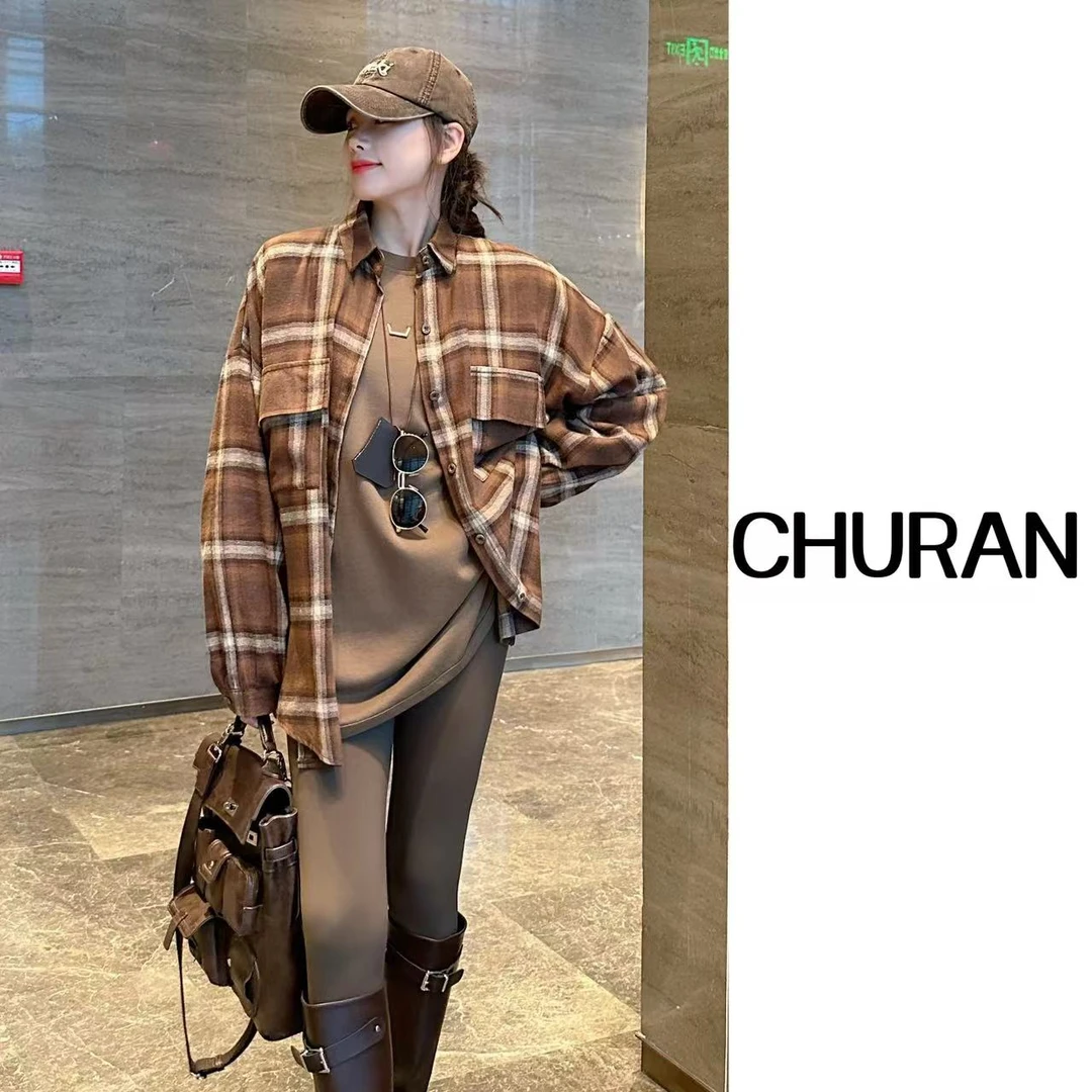 复古格子衬衫女显瘦2024新款呢子宽松中长版外穿时尚长袖开衫上衣