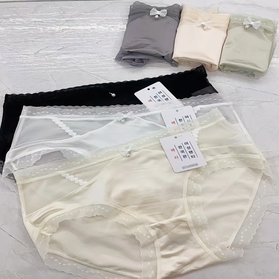 日系超薄夏季高档性感蕾丝奶油透气女士内裤纯色无痕速干中腰短裤