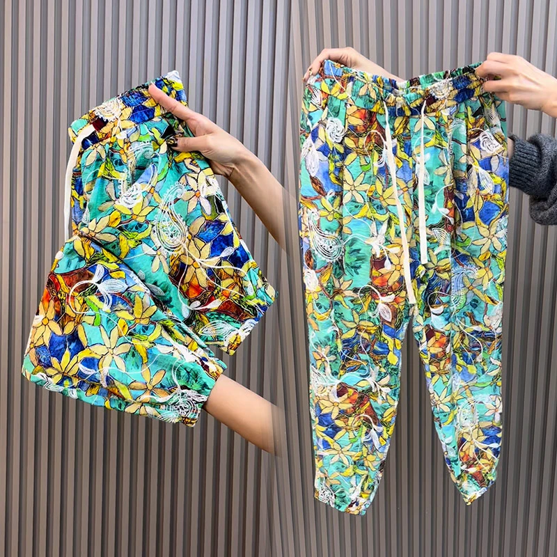 宣麻提花抖抖新款大码碎花女裤洋气中年九分脚裤哈伦裤子宽松夏季