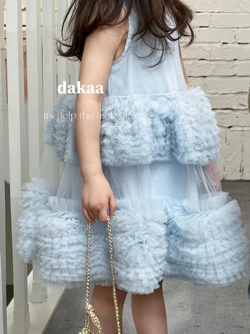 女童纱裙背心裙蛋糕裙可拆卸2件套连衣裙T恤裙蓝色公主裙2024夏款