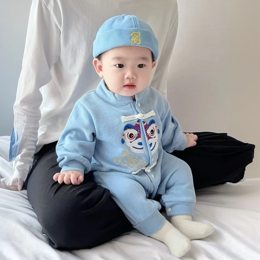 秋装婴儿衣服中国风刺绣连体衣男女宝宝中式百天男婴春秋款外出服