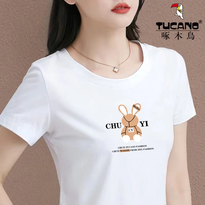 啄木鸟官方正品夏季新款2023年休闲百搭纯棉印花圆领短袖纯棉上衣