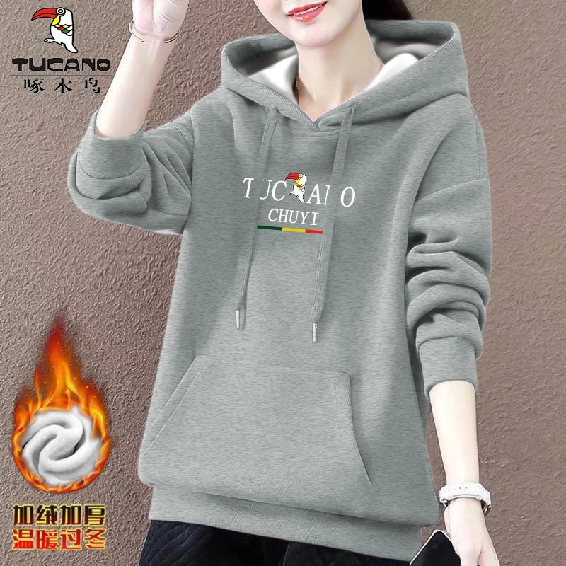加绒 啄木鸟正品2023年秋冬季休闲女装加厚时尚棉款百搭连帽卫衣