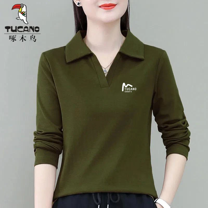 啄木鸟正品通勤独特T恤POLO衫薄款气质春秋翻领内搭上衣春秋长袖