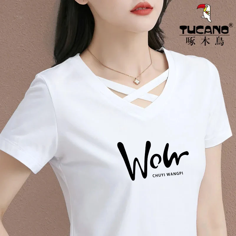 啄木鸟2023年夏季薄款修身显瘦镂空时尚V领新款纯棉气质短袖上衣