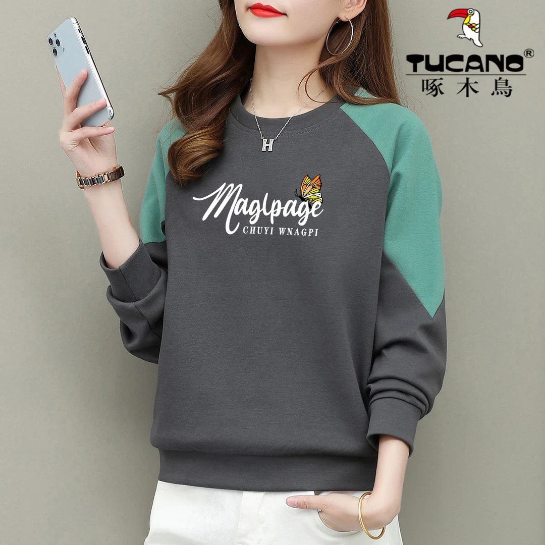 薄款/加绒 啄木鸟休闲百搭圆领拼色卫衣2023年秋冬季新款女装上衣