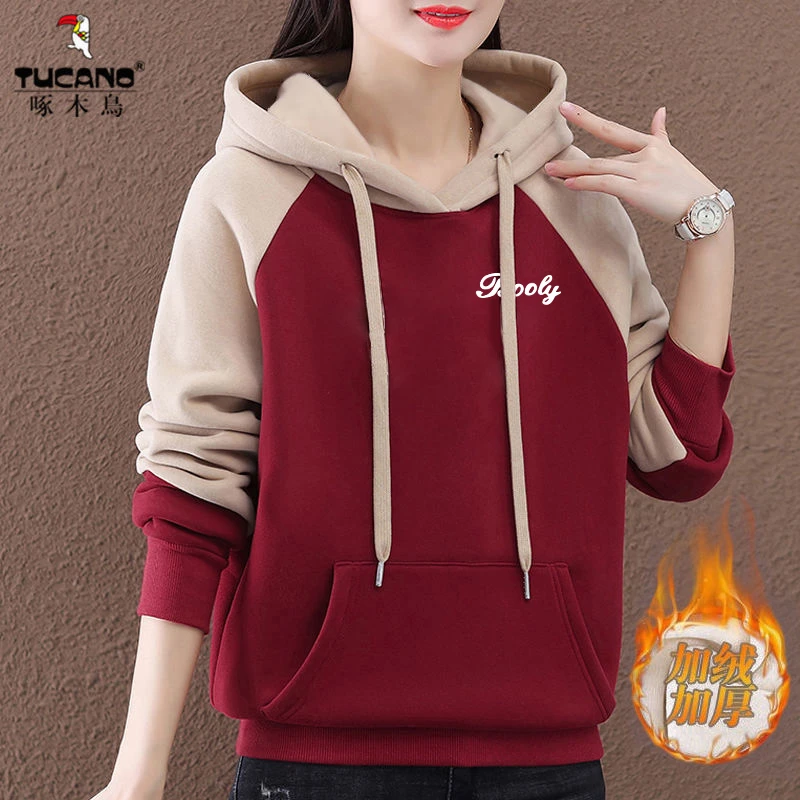 加绒 啄木鸟正品2023年印花秋冬季气质百搭套头连帽拼接卫衣