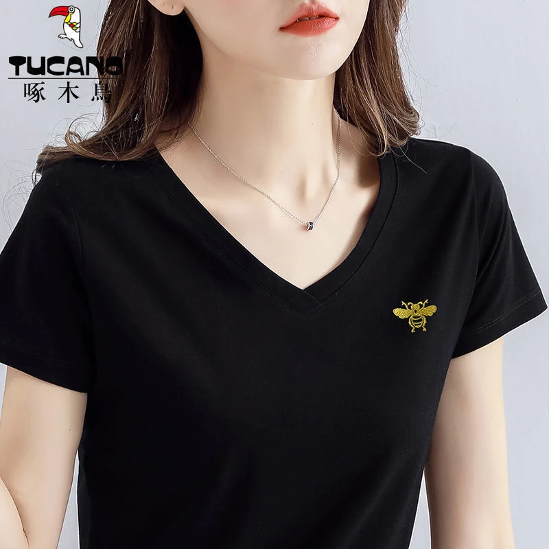 啄木鸟纯棉短袖t恤女装2023年新款潮夏季爆款V领百搭气质半袖上衣