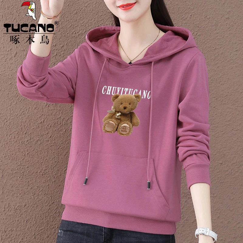 薄款 啄木鸟休闲百搭2023年秋冬季正品新款套头简约印花连帽卫衣