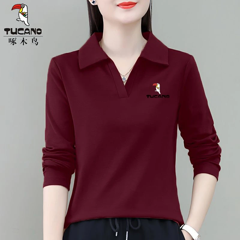 啄木鸟时尚百搭新款polo衫女装修身显瘦棉款时尚休闲长袖翻领上衣