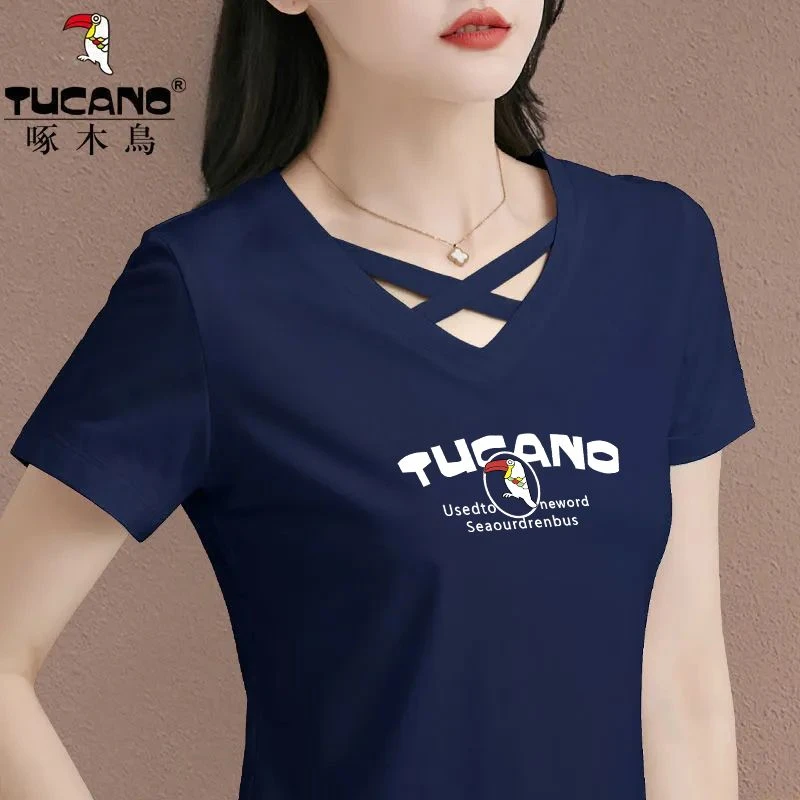 啄木鸟正品夏季薄款纯棉短袖T恤女2023年新款镂空V领休闲百搭上衣