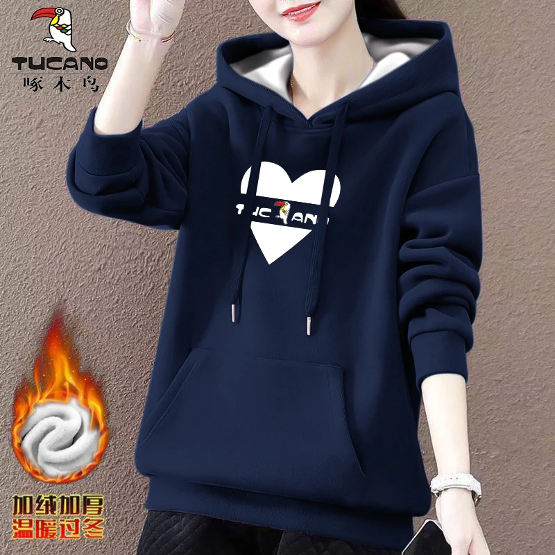 加绒 啄木鸟官方正品2023秋冬百搭休闲套头连帽卫衣宽松印花女装