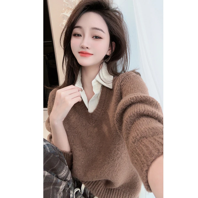 【陈.CHEN】时尚拼接领子假两件女式加厚长袖修身打底针织衫