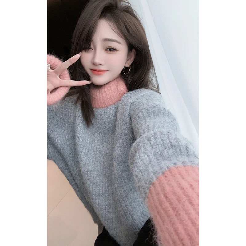 【陈.CHEN】冬季小众氛围感拼色半高圆领毛针织衫女加长袖加厚毛衣