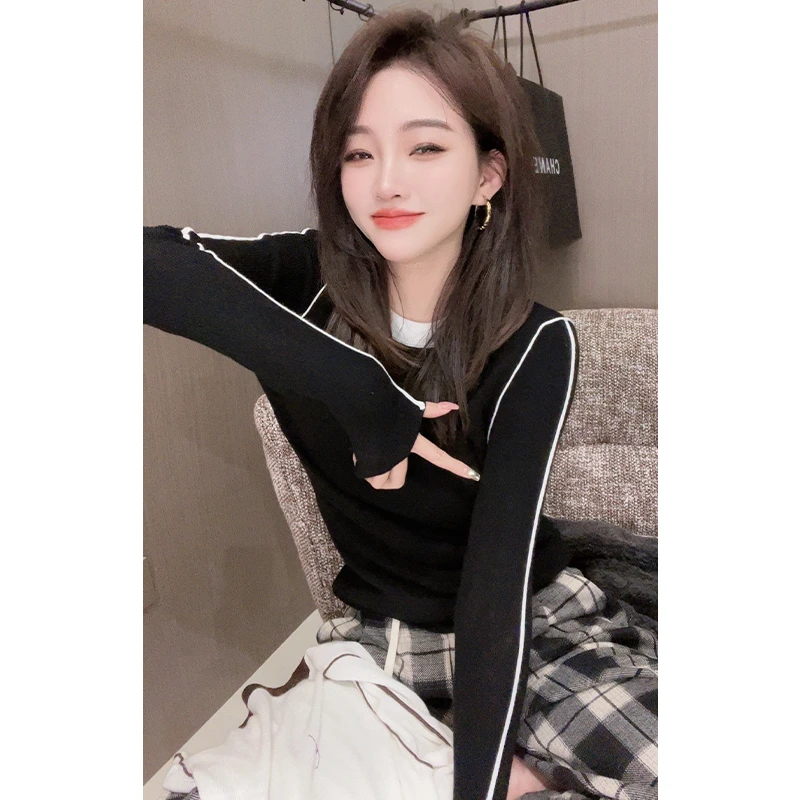 【陈.CHEN】洋气线条打底针织衫女式弹力修身显瘦长袖百搭