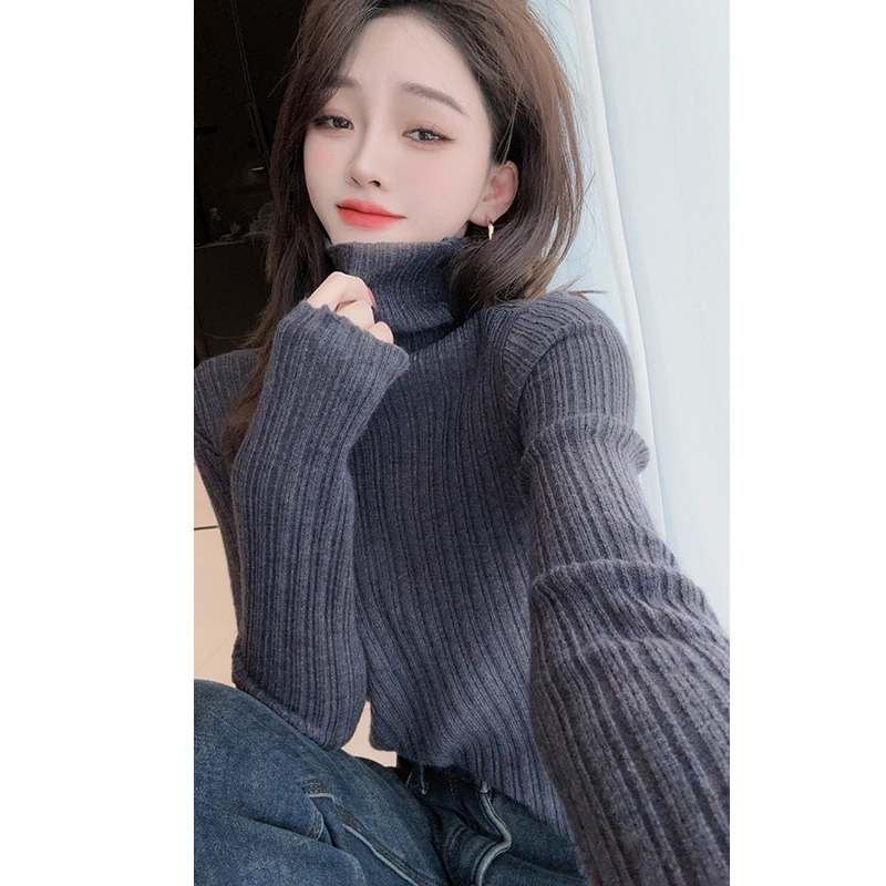 【陈可爱】 慵懒风高领坑条毛衣修身显瘦长袖打底针织衫