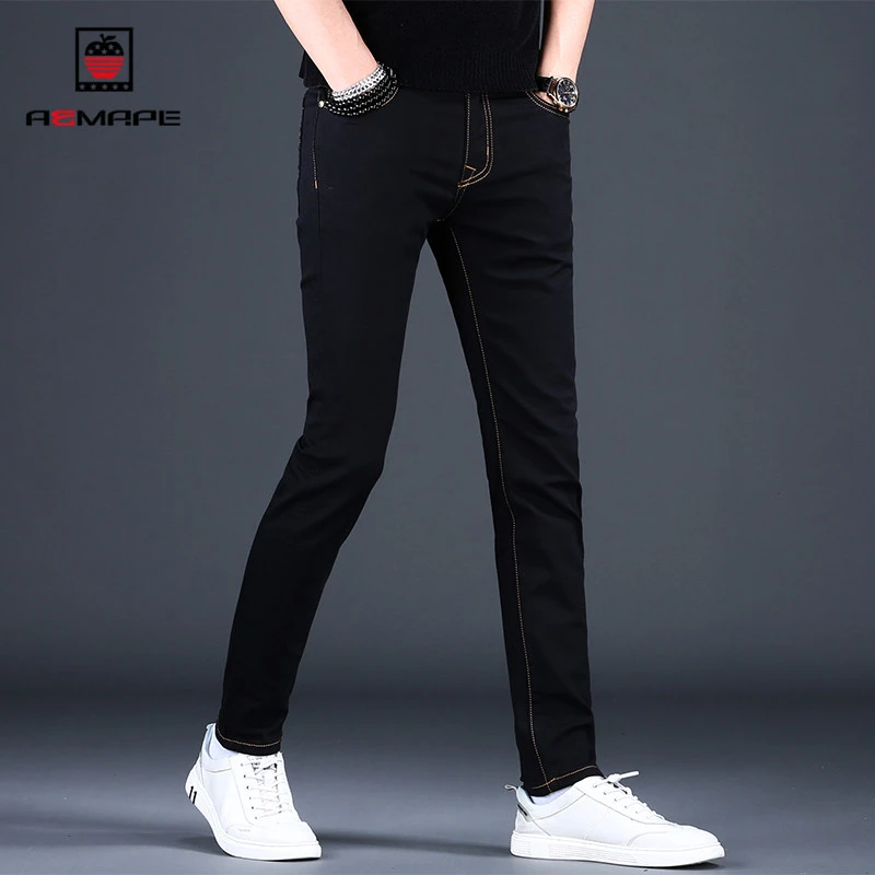 AEMAPE牛仔裤男款新款春秋季弹力修身直筒潮牌黑色小脚休闲长裤