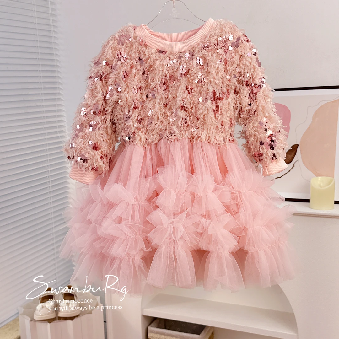 【Y.r1069】23冬季女童亮片拼接蓬蓬网纱公主裙女童甜美洋气连衣裙