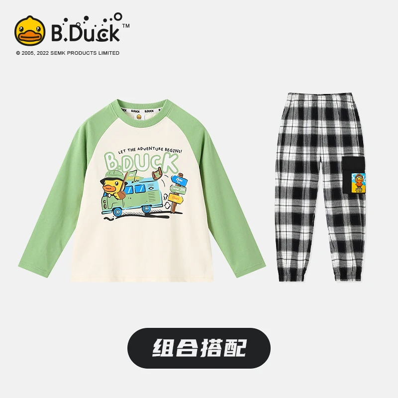 【组合】B.Duck小黄鸭儿童插肩袖T恤休闲格子裤秋季套装 BF3506081