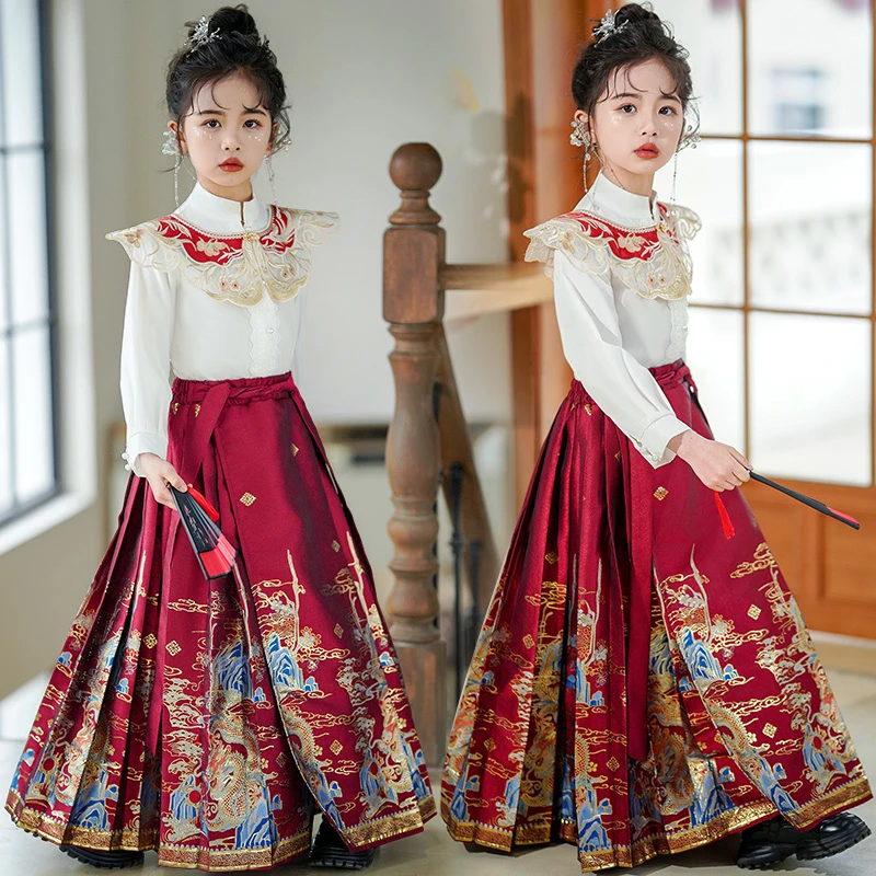 汉服女童马面裙套装春款2024新款6-12岁儿童公主裙春季女孩龙裙子