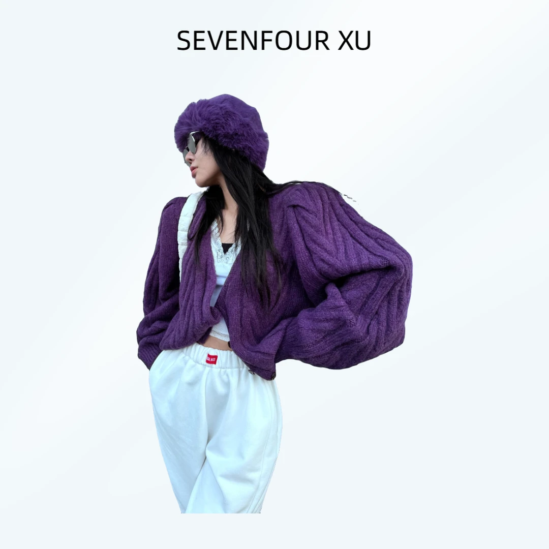 吉吉【韶光年华】秋冬韩版重工厚毛衣外套V领毛衣开衫#84128 C55