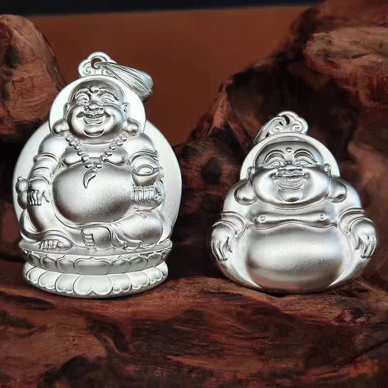 坠链均足银 足银999佛公弥勒佛吊坠古法实心大肚笑佛项链素款