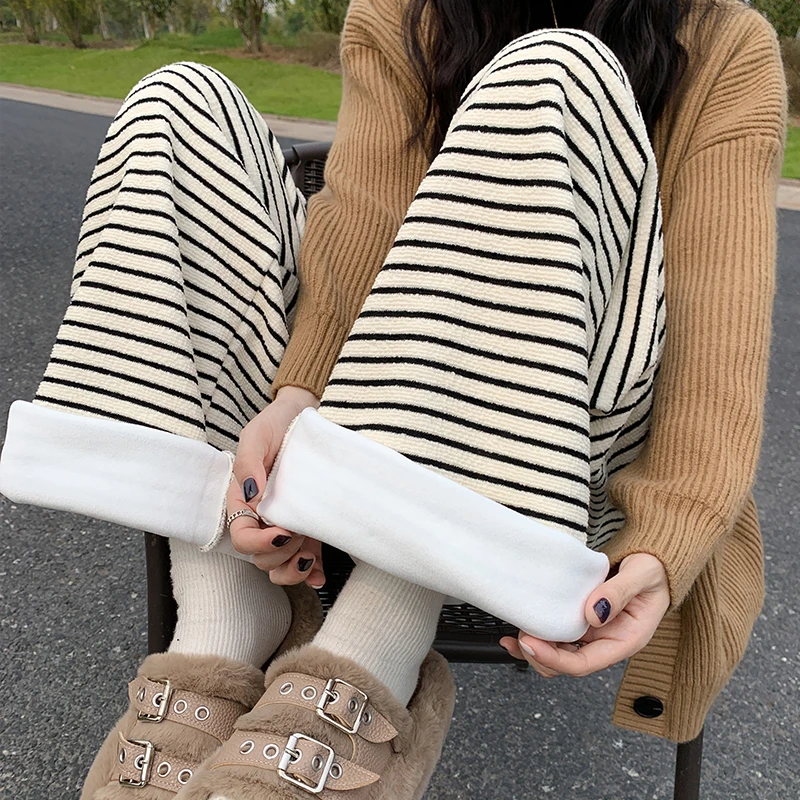 慵懒风毛巾条纹阔腿裤女冬季加绒ins百搭加厚高腰外穿遛弯裤子