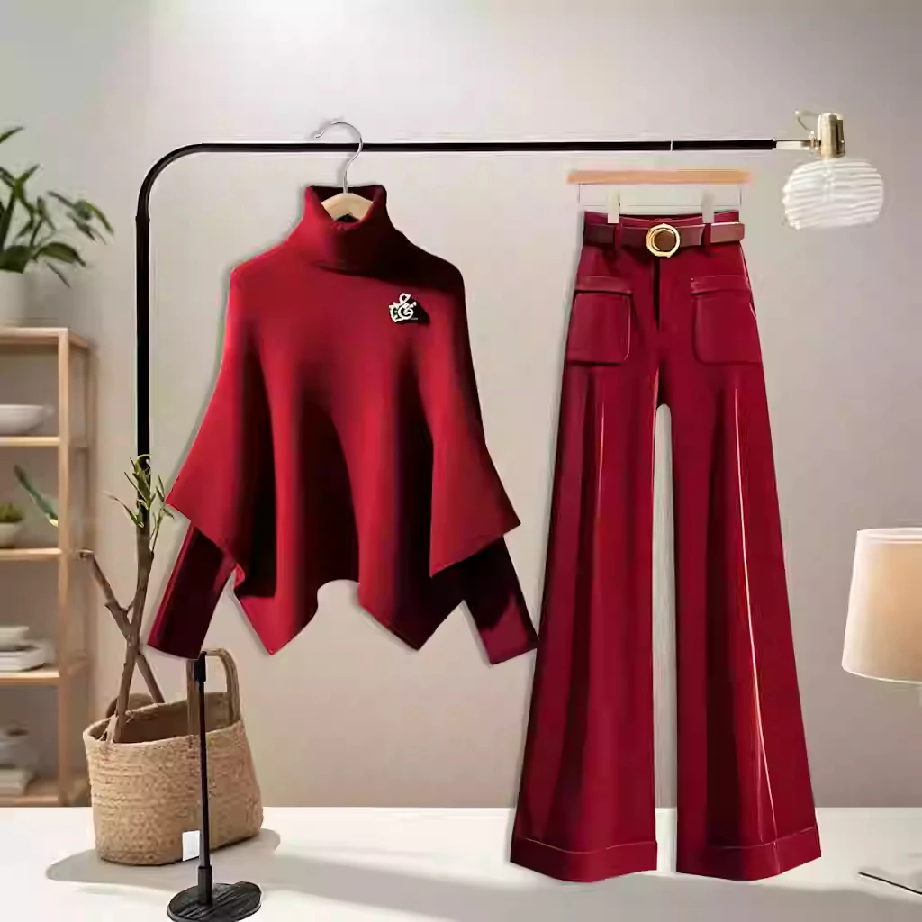 设计感气质红色斗篷针织衫女装2025春季新款高级直筒长裤时尚套装